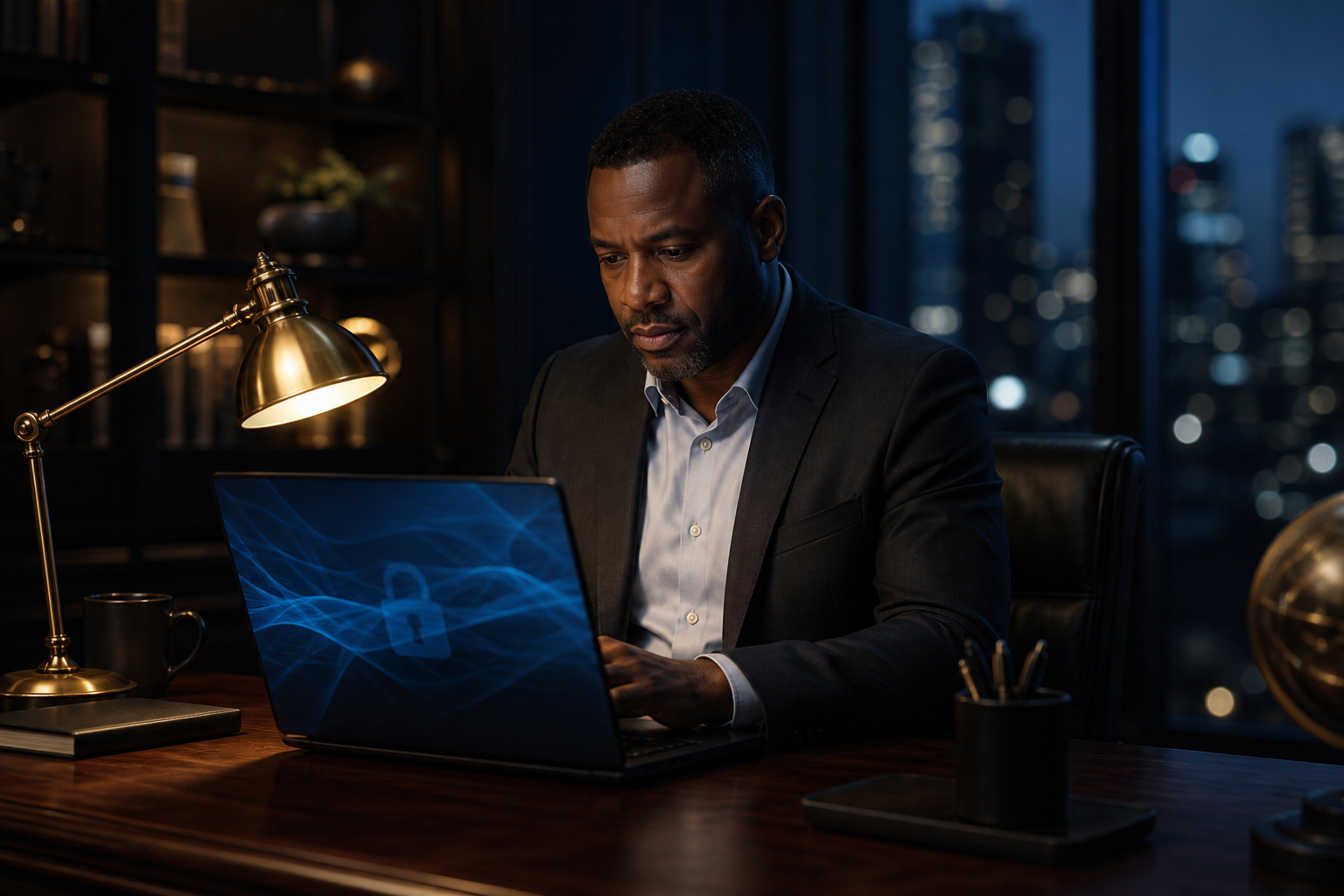 Advisor reviewing encrypted systems in a secure office